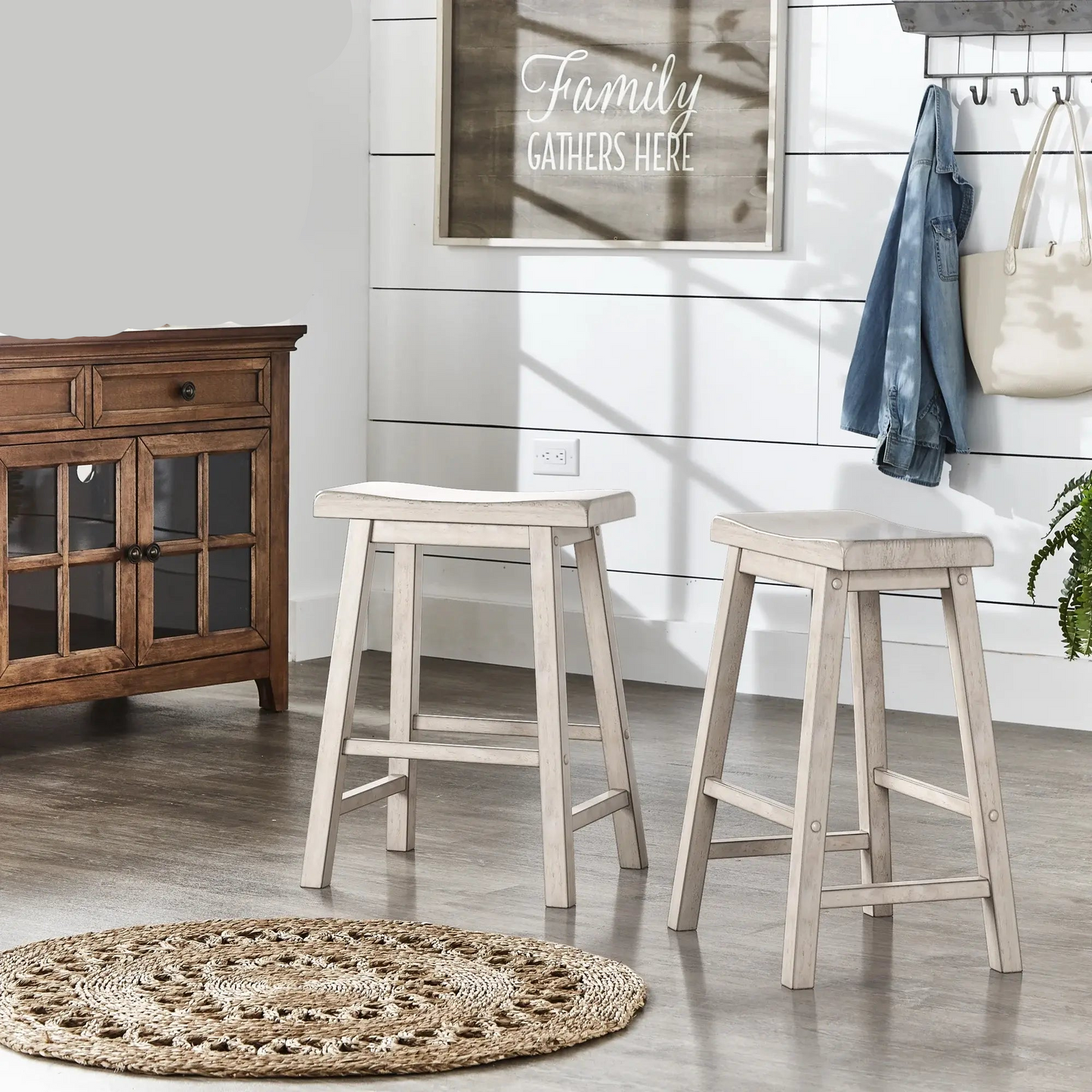 Weston Home Ashby Saddle Seat Backless Wood Counter Stools, Set of 2, Antique Grey