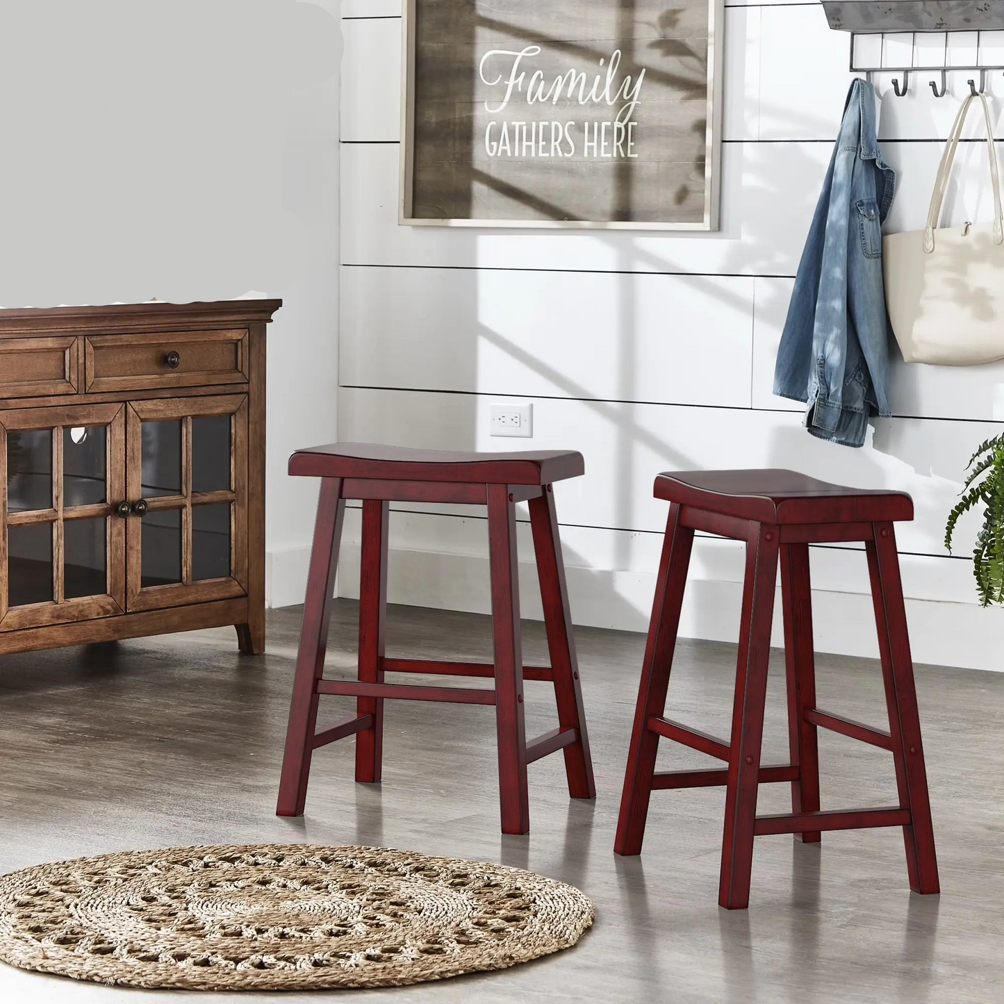 Weston Home Ashby Saddle Seat Backless Wood Counter Stools, Set of 2, Antique Grey